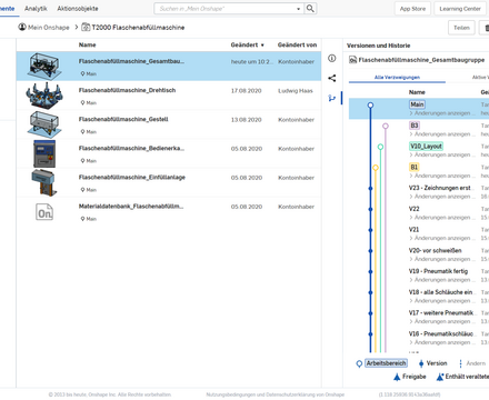 Oberfläche von Onshape, Online CAD Software für Produktentwicklung, für das Datenmanagement